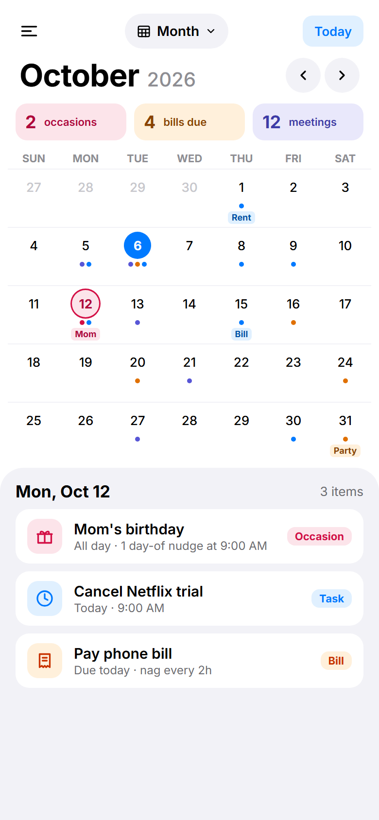 Month view with occasion and bill labels